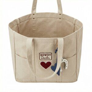 Large Cotton Canvas Tote Bag embellished with patches and leather charms